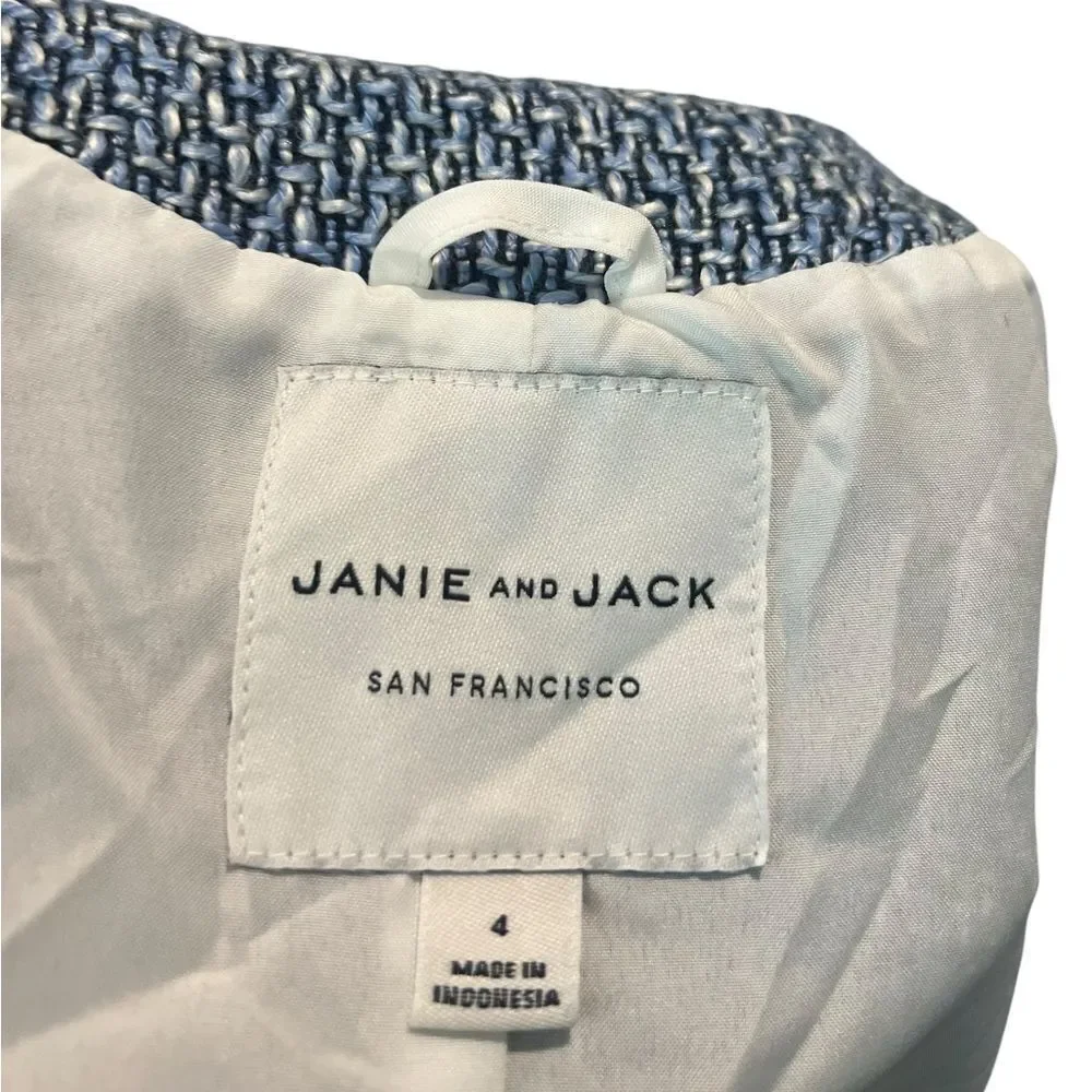 Janie and Jack Girls’ Blue & White Tweed Puff Sleeve Button-Up Jacket